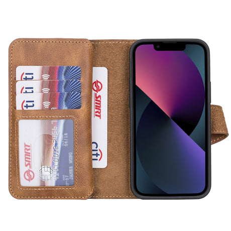 iPhone 13 Mini Amber Leather Detachable Dual 2-in-1 Wallet Case with Card Holder and MagSafe - Hardiston - 2