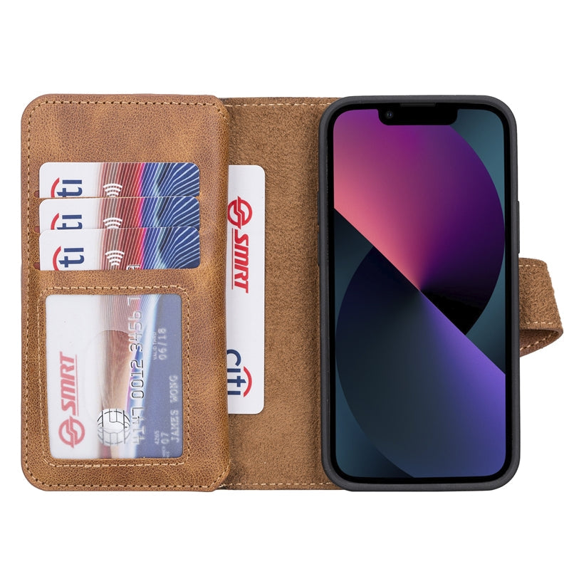iPhone 13 Mini Amber Leather Detachable Dual 2-in-1 Wallet Case with Card Holder and MagSafe - Hardiston - 2