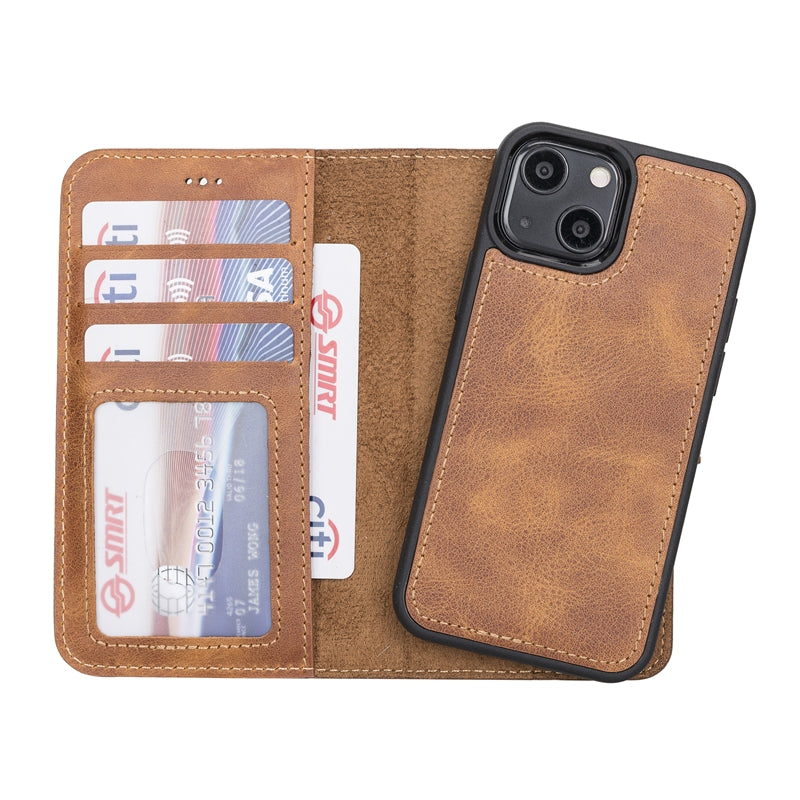 iPhone 13 Mini Amber Leather Detachable 2-in-1 Wallet Case with Card Holder and MagSafe - Hardiston - 1