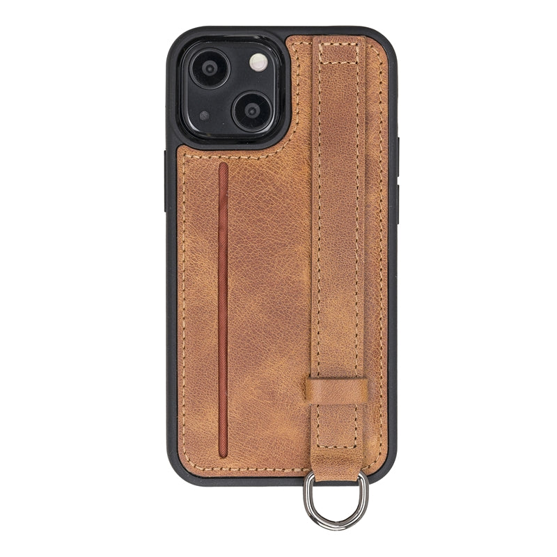 iPhone 13 Mini Amber Leather Snap-On Card Holder Case with Back Strap - Hardiston - 1