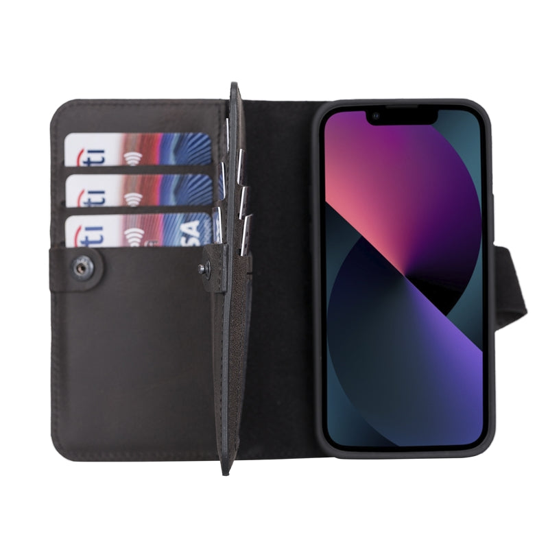iPhone 13 Mini Black Leather Detachable Dual 2-in-1 Wallet Case with Card Holder and MagSafe - Hardiston - 1