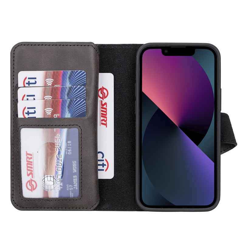 iPhone 13 Mini Black Leather Detachable Dual 2-in-1 Wallet Case with Card Holder and MagSafe - Hardiston - 2
