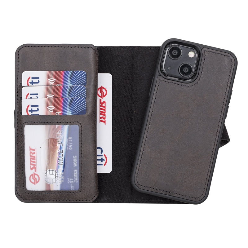 iPhone 13 Mini Black Leather Detachable Dual 2-in-1 Wallet Case with Card Holder and MagSafe - Hardiston - 3