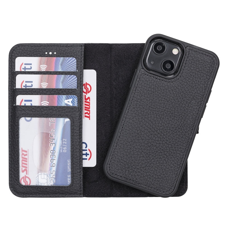 iPhone 13 Mini Black Leather Detachable 2-in-1 Wallet Case with Card Holder and MagSafe - Hardiston - 1