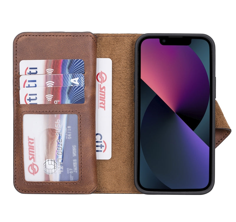 iPhone 13 Mini Brown Leather Detachable Dual 2-in-1 Wallet Case with Card Holder and MagSafe - Hardiston - 2