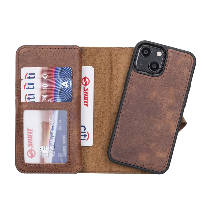 iPhone 13 Mini Brown Leather Detachable Dual 2-in-1 Wallet Case with Card Holder and MagSafe - Hardiston - 4
