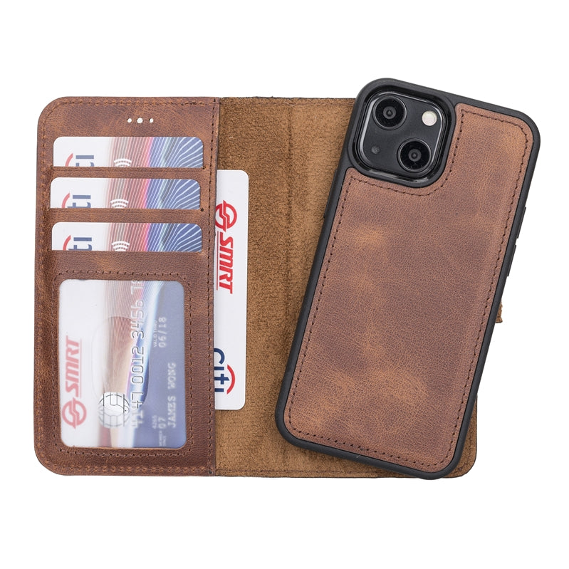 iPhone 13 Mini Brown Leather Detachable 2-in-1 Wallet Case with Card Holder and MagSafe - Hardiston - 1