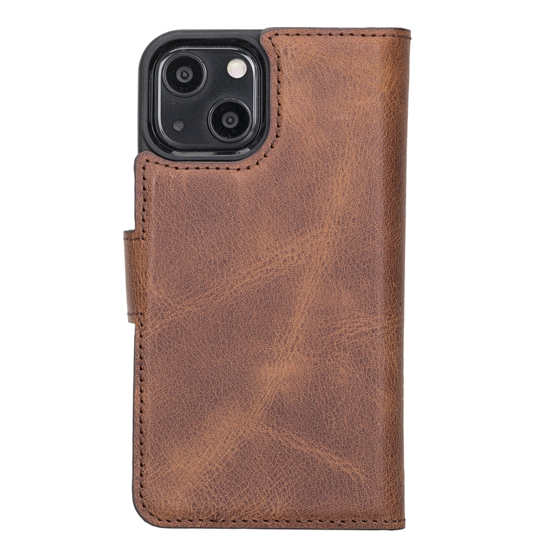 HR Wireless MagSafe Compatible Leather Case with Magnetic Bifold Wallet for iPhone 14 Plus - Brown