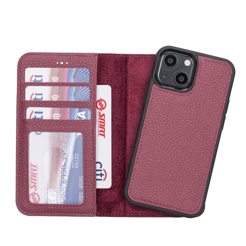iPhone 13 Mini Burgundy Leather Detachable 2-in-1 Wallet Case with Card Holder and MagSafe - Hardiston - 1