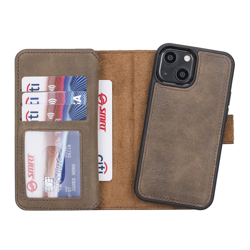 iPhone 13 Mini Mocha Leather Detachable Dual 2-in-1 Wallet Case with Card Holder and MagSafe - Hardiston - 4