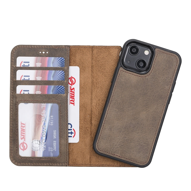 iPhone 13 Mini Mocha Leather Detachable 2-in-1 Wallet Case with Card Holder and MagSafe - Hardiston - 1