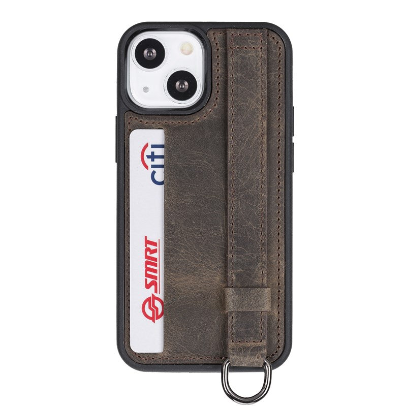 iPhone 13 Mini Mocha Leather Snap-On Card Holder Case with Back Strap - Hardiston - 1