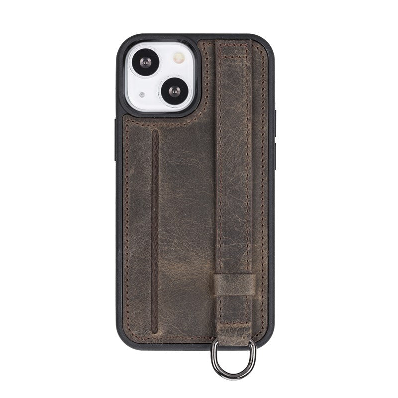 iPhone 13 Mini Mocha Leather Snap-On Card Holder Case with Back Strap - Hardiston - 2