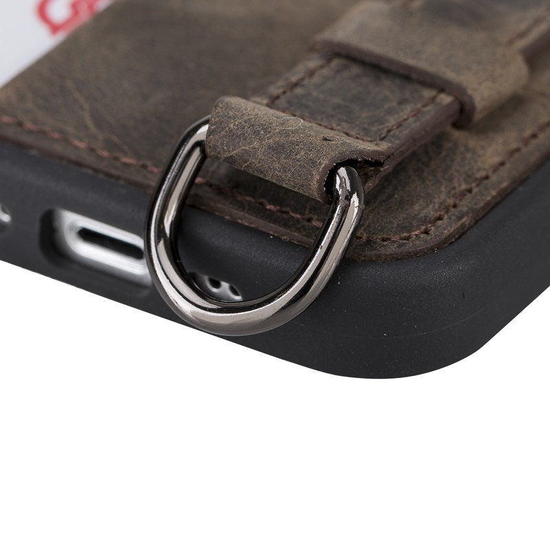 iPhone 13 Mini Mocha Leather Snap-On Card Holder Case with Back Strap - Hardiston - 5