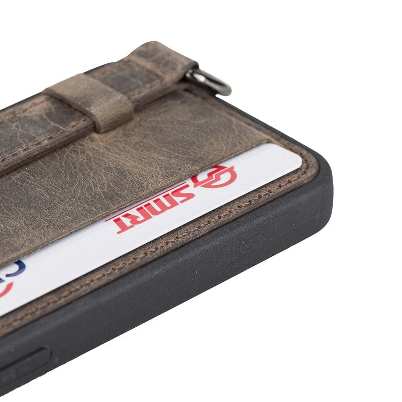 iPhone 13 Mini Mocha Leather Snap-On Card Holder Case with Back Strap - Hardiston - 6