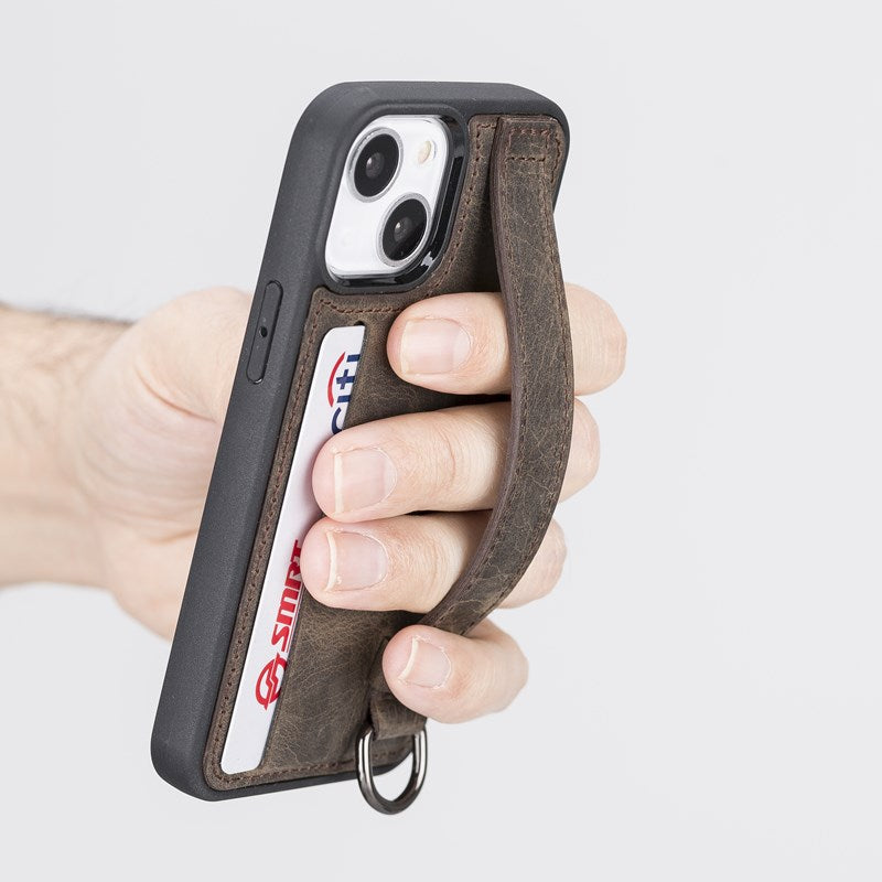 iPhone 13 Mini Mocha Leather Snap-On Card Holder Case with Back Strap - Hardiston - 7