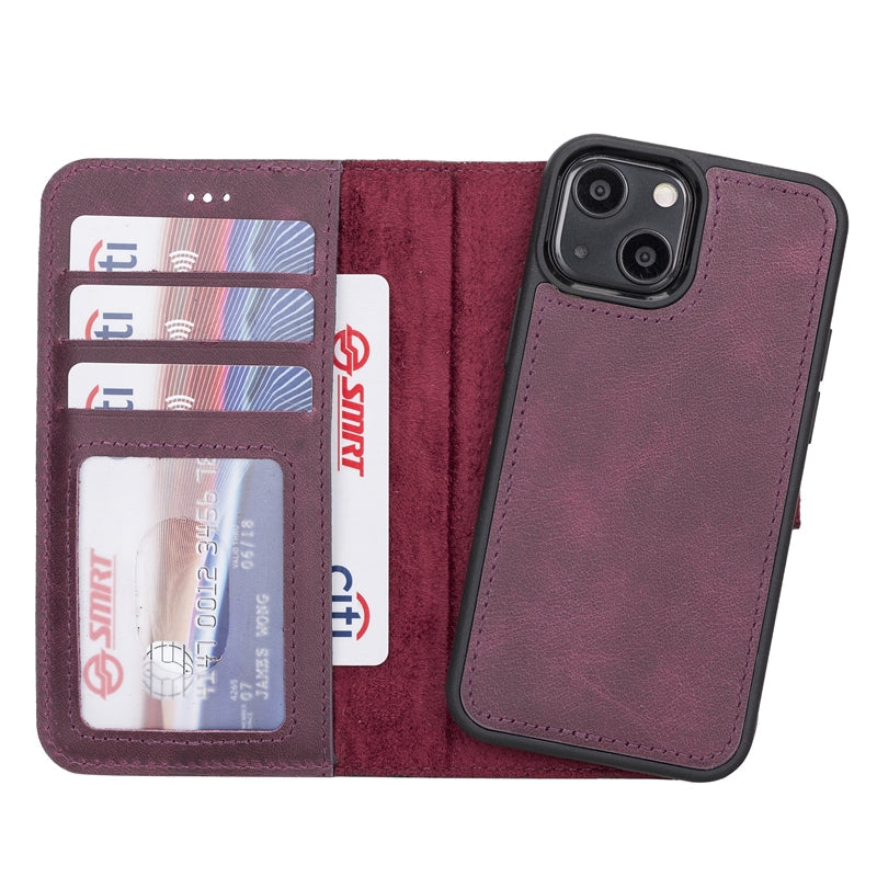iPhone 13 Mini Purple Leather Detachable 2-in-1 Wallet Case with Card Holder and MagSafe - Hardiston - 1