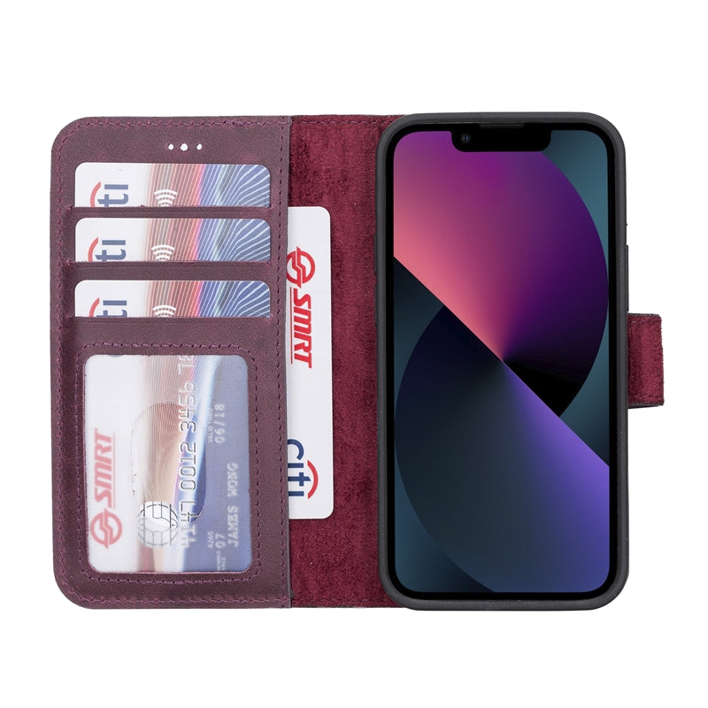 iPhone 13 Mini Purple Leather Detachable 2-in-1 Wallet Case with Card Holder and MagSafe - Hardiston - 2