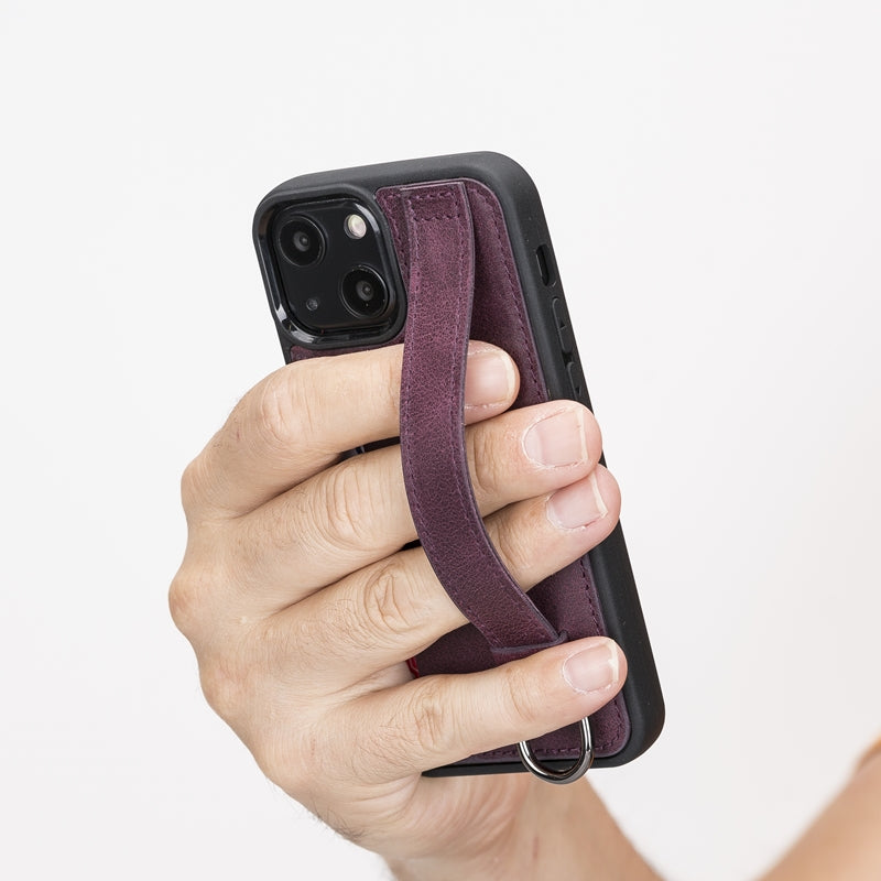 iPhone 13 Mini Purple Leather Snap-On Card Holder Case with Back Strap - Hardiston - 10