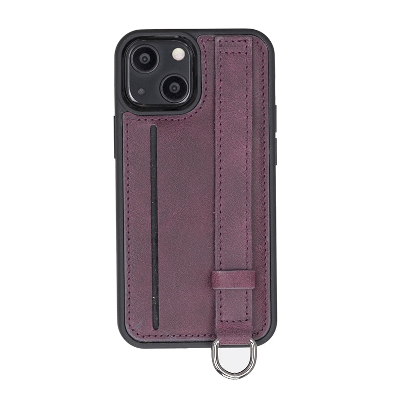 iPhone 13 Mini Purple Leather Snap-On Card Holder Case with Back Strap - Hardiston - 1