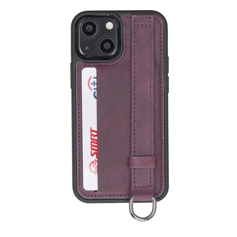 iPhone 13 Mini Purple Leather Snap-On Card Holder Case with Back Strap - Hardiston - 2