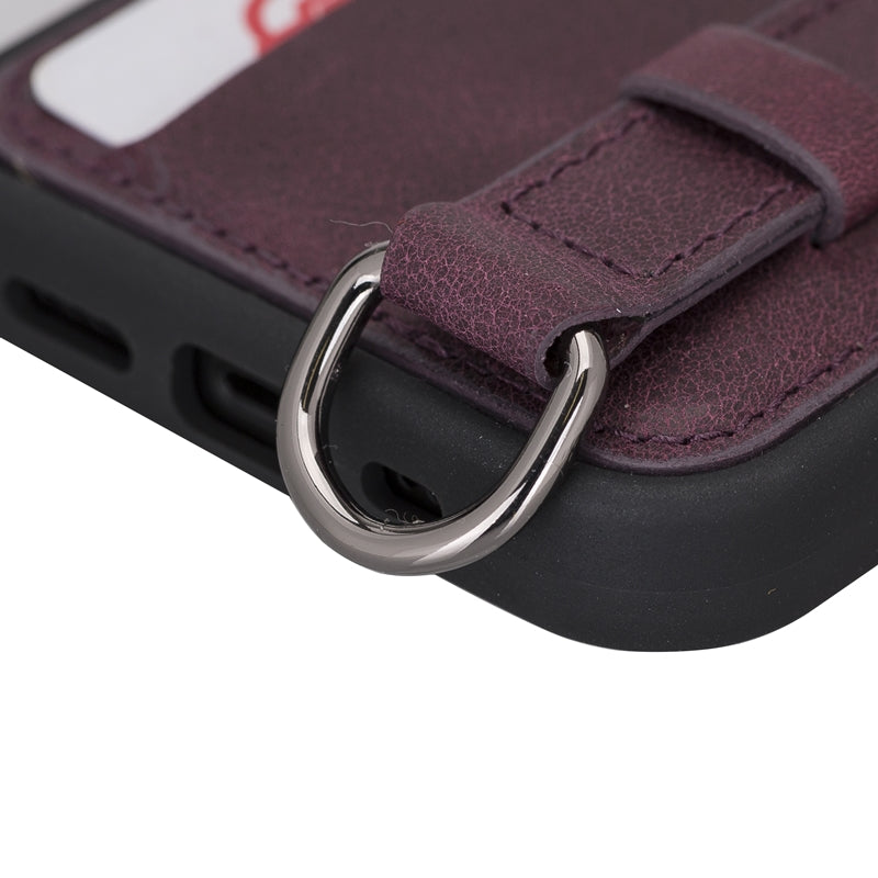 iPhone 13 Mini Purple Leather Snap-On Card Holder Case with Back Strap - Hardiston - 6
