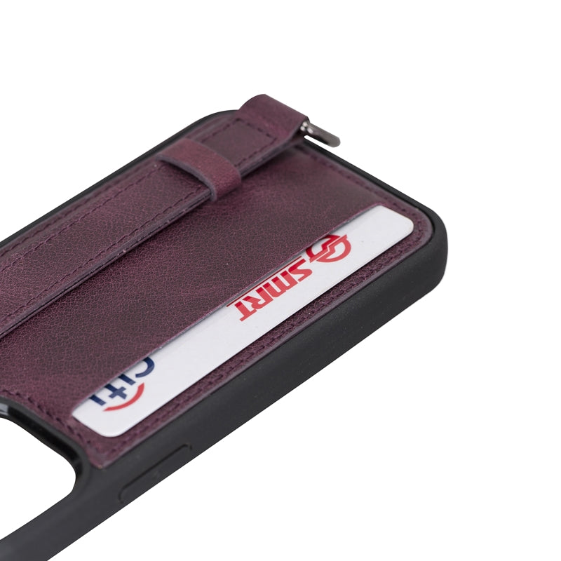 iPhone 13 Mini Purple Leather Snap-On Card Holder Case with Back Strap - Hardiston - 7
