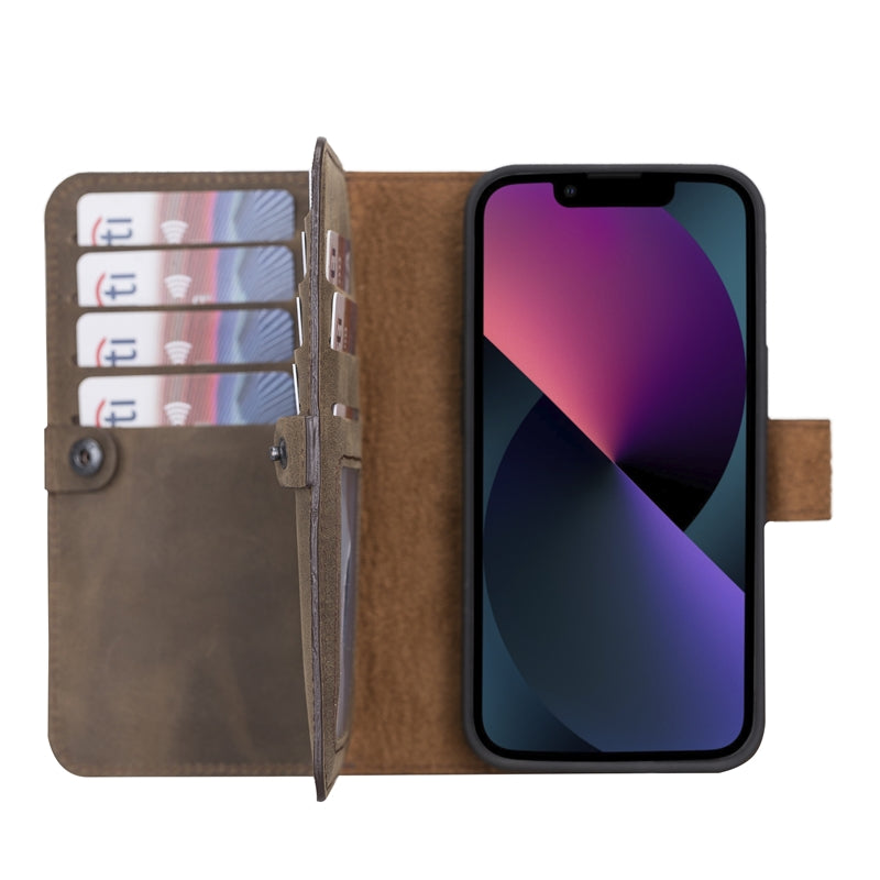 iPhone 13 Mocha Leather Detachable Dual 2-in-1 Wallet Case with Card Holder and MagSafe - Hardiston - 1