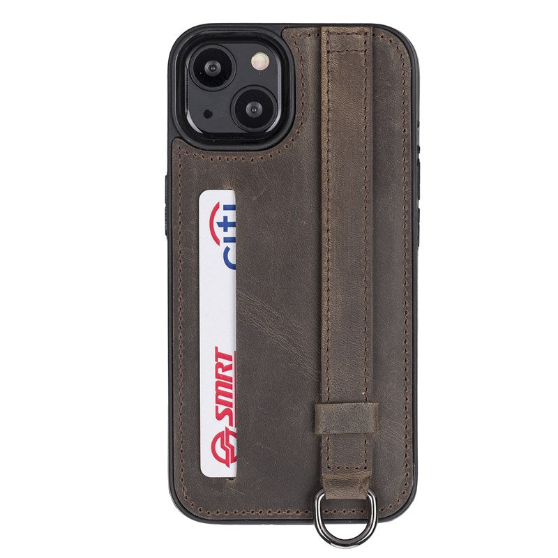 iPhone 13 Mocha Leather Snap-On Card Holder Case with Back Strap - Hardiston - 1