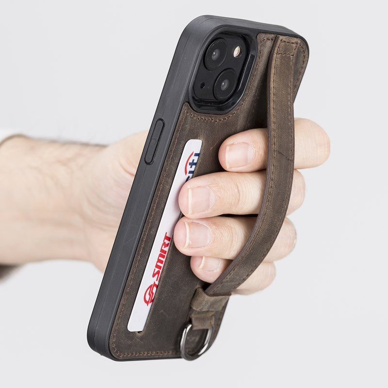 iPhone 13 Mocha Leather Snap-On Card Holder Case with Back Strap - Hardiston - 7