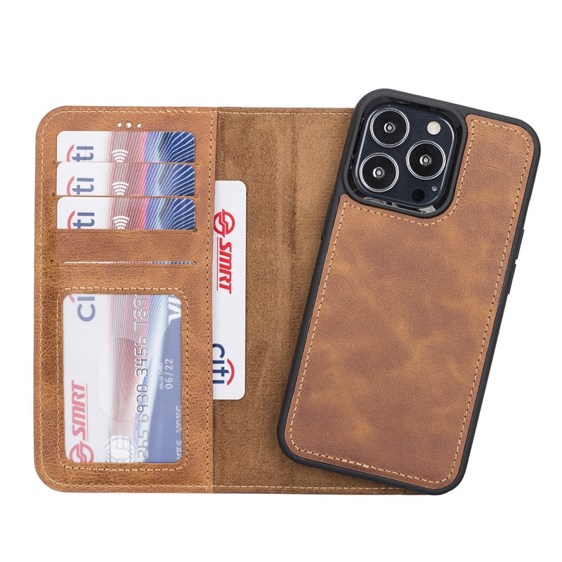 iPhone 13 Pro Amber Leather Detachable 2-in-1 Wallet Case with Card Holder and MagSafe - Hardiston - 2