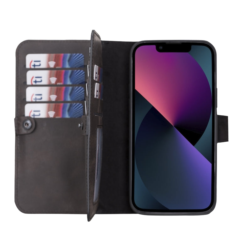 iPhone 13 Pro Black Leather Detachable Dual 2-in-1 Wallet Case with Card Holder and MagSafe - Hardiston - 1