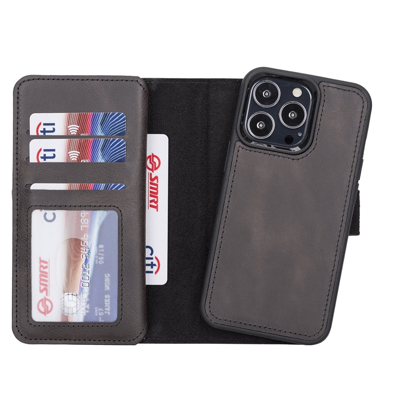 iPhone 13 Pro Black Leather Detachable Dual 2-in-1 Wallet Case with Card Holder and MagSafe - Hardiston - 4