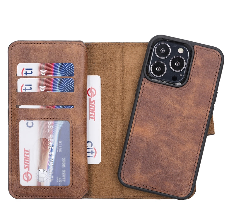 iPhone 13 Pro Brown Leather Detachable Dual 2-in-1 Wallet Case with Card Holder and MagSafe - Hardiston - 4