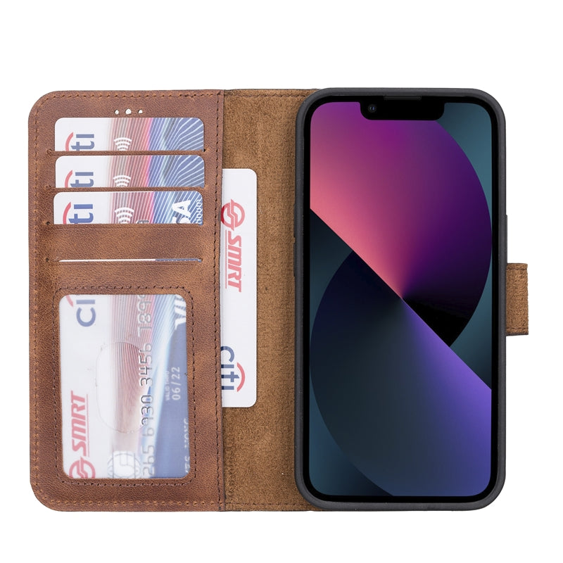 iPhone 13 Pro Brown Leather Detachable 2-in-1 Wallet Case with Card Holder and MagSafe - Hardiston - 1