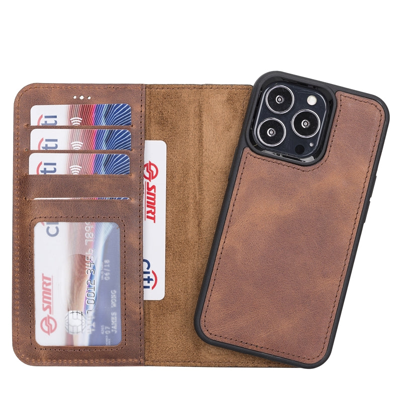 iPhone 13 Pro Brown Leather Detachable 2-in-1 Wallet Case with Card Holder and MagSafe - Hardiston - 2
