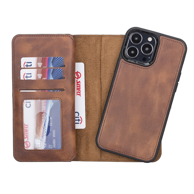 iPhone 13 Pro Max Brown Leather Detachable Dual 2-in-1 Wallet Case with Card Holder and MagSafe - Hardiston - 4