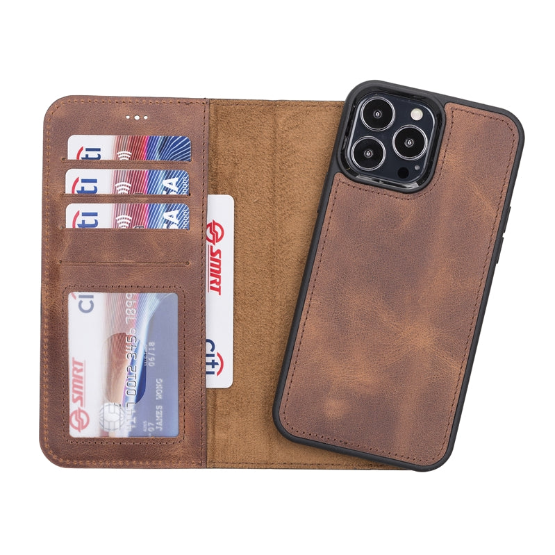 iPhone 13 Pro Max Brown Leather Detachable 2-in-1 Wallet Case with Card Holder and MagSafe - Hardiston - 2