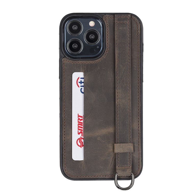 iPhone 13 Pro Max Mocha Leather Snap-On Card Holder Case with Back Strap - Hardiston - 1