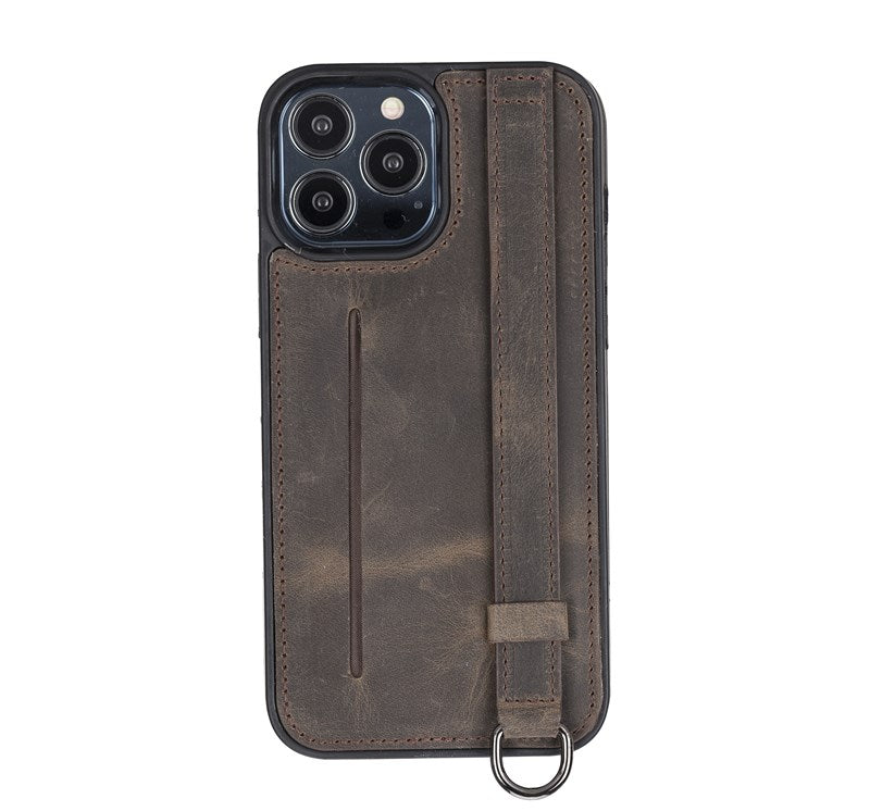 iPhone 13 Pro Max Mocha Leather Snap-On Card Holder Case with Back Strap - Hardiston - 2
