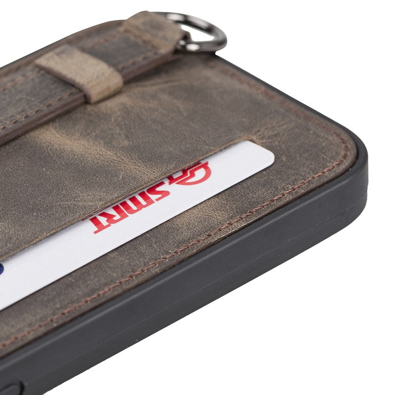 iPhone 13 Pro Max Mocha Leather Snap-On Card Holder Case with Back Strap - Hardiston - 6