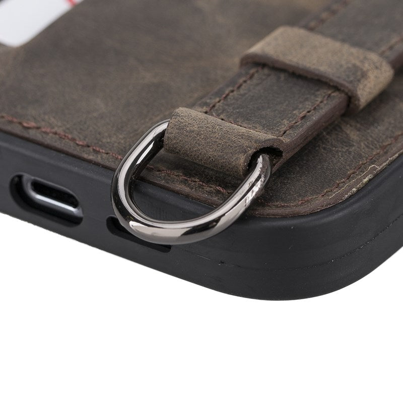 iPhone 13 Pro Max Mocha Leather Snap-On Card Holder Case with Back Strap - Hardiston - 7