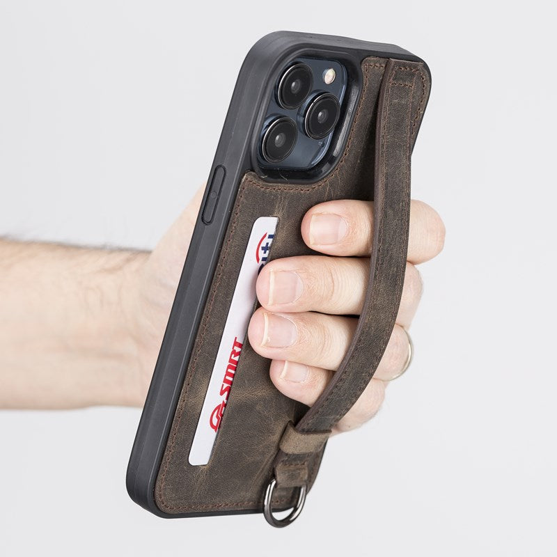iPhone 13 Pro Max Mocha Leather Snap-On Card Holder Case with Back Strap - Hardiston - 8
