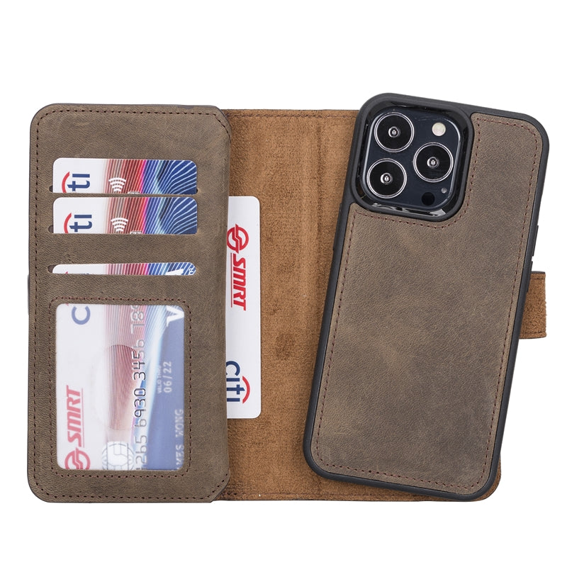 iPhone 13 Pro Mocha Leather Detachable Dual 2-in-1 Wallet Case with Card Holder and MagSafe - Hardiston - 4