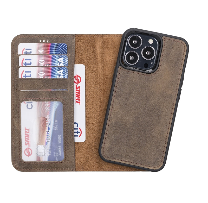 iPhone 13 Pro Mocha Leather Detachable 2-in-1 Wallet Case with Card Holder and MagSafe - Hardiston - 2