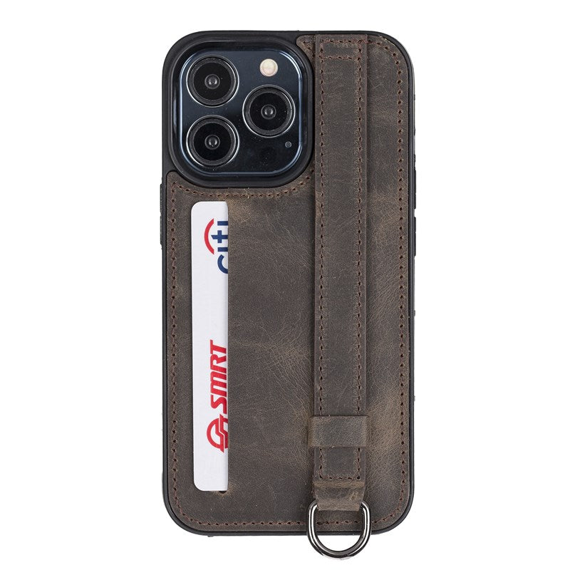 iPhone 13 Pro Mocha Leather Snap-On Card Holder Case with Back Strap - Hardiston - 1