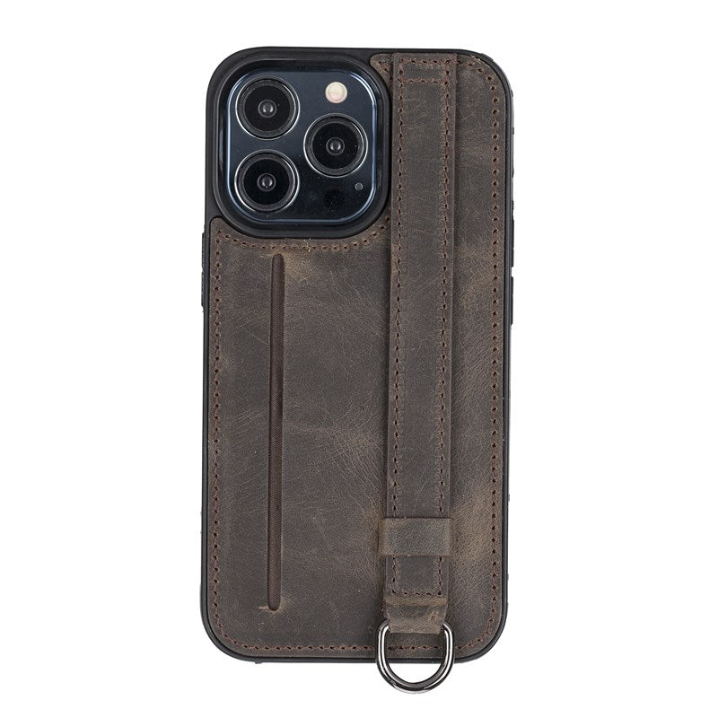 iPhone 13 Pro Mocha Leather Snap-On Card Holder Case with Back Strap - Hardiston - 2