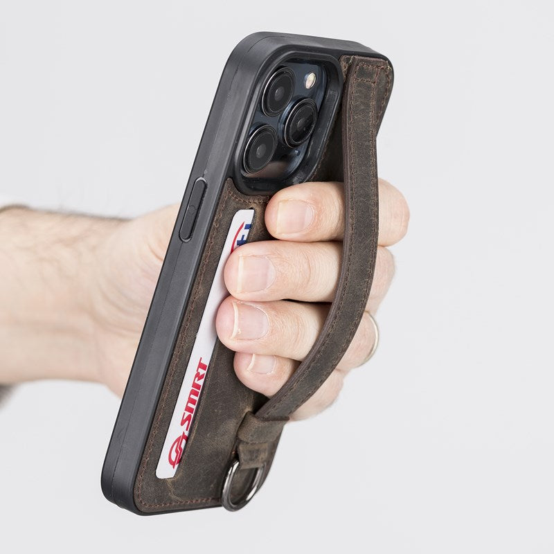 iPhone 13 Pro Mocha Leather Snap-On Card Holder Case with Back Strap - Hardiston - 9
