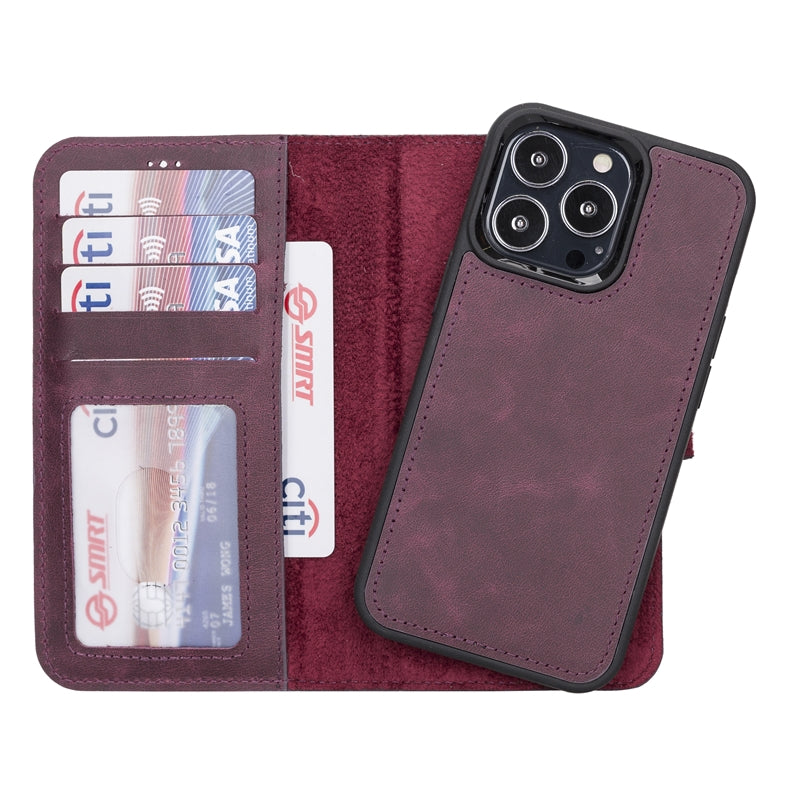 iPhone 13 Pro Purple Leather Detachable 2-in-1 Wallet Case with Card Holder and MagSafe - Hardiston - 2