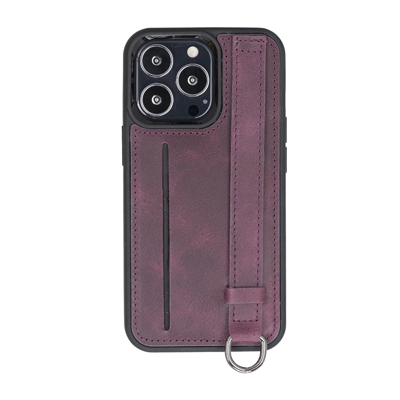 iPhone 13 Pro Purple Leather Snap-On Card Holder Case with Back Strap - Hardiston - 2